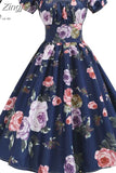 Women Vintage Floral Printed Summer Dress Puff Sleeve Elegant A-line Midi Party Dress Robe Chic Rockabilly Pinup
