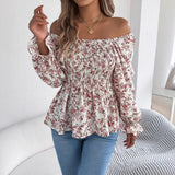 Spring And Summer Leisure Collar Horn Sleeves Chopped Flower Chiffie Holiday Tops Women's