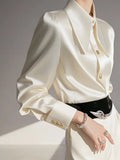 Year's Popular French Unique Small Shirt Light Luxury High Sense Light Familiar Wind Commute White Acetate-Sense Faucet-Sting Shirt