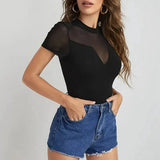 Zingj Women's Wear 2024 Summer New Temperament Black Short-Sleeved Mesh To Receive Waist And Hip Jumjoined