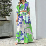 Women's V-Neck Lantern Sleeve Long Sleeve Short Top Broad Leg Trousers Fashion Suit Women's