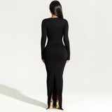 Zingj Women's Long Sleeve Oblique Collar Temperament Repair Behind The Fork Long Dress
