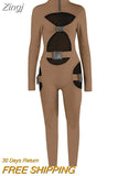 Sexy Hollow Out Buckle Bandage Jumpsuit Women Club Wear Outfits Long Sleeve Skinny Turtleneck Night Party