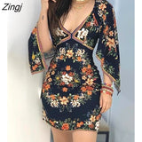 Women Floral Print Cape Sleeve Bodycon Dress Women V Neck Long Sleeve Casual Women Bodycon Club Sexy Robes Clothes