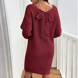 And Winter New Loose Knitting V-Neck Bow Long-Sleeved Sweater Dress