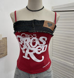 Letter-Print Spliced Denim Sling Vest Repair Outside The Hot Babes Bumpy Short Sleeveless Top