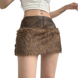 Cloth Forget Retro Brown Low-Waisted Umbilled Zip Hair Short Skirt Design Leather Splicing Bag Hip