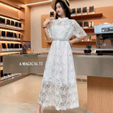 Retro High-End Squealing Hook Lace Dress Women's Summer Waist Thin Temperament A-Word Fairy