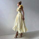 Temperament Commuting Style Leaf Side Striped Dress Women's Summer Senior Neck Cuff Double Design Women's