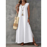 Summer Dress Women's Sleeveless V-Neck Side Opening Dress Elegant Long