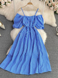 Vintage Women Spaghetti Strap Plaid Dress Female Elegant Short Puff Sleeve High Waist A-Line Casual Vestidos New