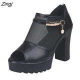New Fashion High Heels Square Heel New Summer Fashion Non-slip Thick Sole Sexy Fish Mouth Zipper Mesh Sandals