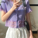 Sleeve T-shirts Women Lace Patchwork Crop Top Ins Chic Sweet Student Ruffled Single Breasted Tees Korean Slim Knitwear