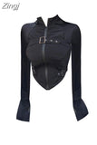 Black Hoodies Women Retro Belt Zipper Sweatshirts Y2K Fashion Casual Long Sleeve Hooded Vintage Streetwear Jackets