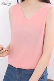 Summer Korean Women Tops Chiffon Blouses for Women V-neck White Top Woman Sleeveless Shirt Tops Woman Solid Pink Blouse