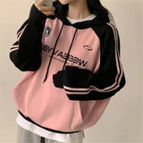 Vintage Logo Print Raglan Striped Sleeve Hoodie-Outfit