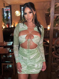 Print Mini Dress For Woman Hollow Out Lace Up Long Sleeve Green Women Holiday Sexy Bodycon Fashion Autumn Dresses