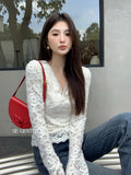 Xixi 2025 Autumn White Label New Temperament Lace V Word Collar Shirt Lady 100 Cloth Women