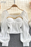 Women Black/White Blouse Sexy Square Collar Lantern Long Sleeve Short Tops Female Elegant Party Shirt Blusas 2023