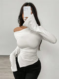 And Summer New V-Neck Open Shoulder Two-Wear Design Embody Wrinkles Irregular Long-Sleeved
