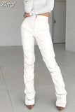 Faux PU Leather Pleated High Waist Black Stacked Pant Women Slim Hipster Street Style Long Trousers Hot Sale Trend