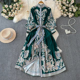 Retro High-End Lantern Long-Sleeved Print Dress Female Light Luxury Elegant Single Buckle Waist Swing