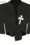 Letter Embroidery Sexy Y2K T-Shirts Womem Summer Short Sleeve O-Neck Cut Out Bandage Tops Female Cardigan