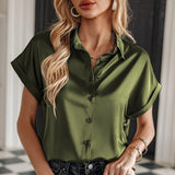 Satin Silk Shirts Fashion Women Short Sleeve Loose Tops Mujer Buttons Office Lady Blouses Women's Clothing Elegant