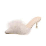 Large-Size Hairy High Heel Shoes Female Tip Fine Heel Bun Head Half Drag Sexy Fashion Wear Cold