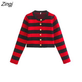 Women Fashion O Neck Golden Breasted Striped Short Knitting Sweater Femme Chic Long Sleeve Slim Cardigan Coat Tops