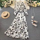 Chiffon Two Piece Set Women Autumn Bohemian Vacation Beach Short Tops And Ruffle Irregular Long Skirt Female Print Suit