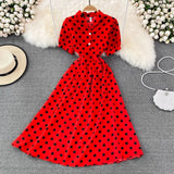Women Polka Dot Midi Dress Vintage V-Neck Single Breasted Short Sleeve A-Line Vestidos Female Elegant New Fashion