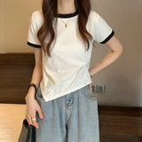 Zingj Female 2024 New Summer Design Sense Contrast Color T-Shirt Fashion Chic Irregular Short Student