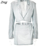 Autumn Bright Silk Shiny Two Piece Sets Women Outfits Green Long Sleeve Blazer Mini Skirt Female Skinny Party Skirt