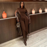 Collar Solid-Color Splicing T-Shirt With Metal Buckle Long-Sleeved Jumpsuit Fashion Casual Tight Jumpsuit