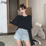 Sleeve T-shirts Women Spring Solid Loose Crop Top Sexy New Trendy Leisure Girls T-shirt Korean Stylish Teens All-match