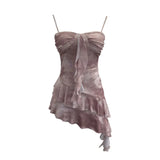 Shooting 2025 Spring And Summer New With Chest Cushions Dyed Mesh Sling Sling Vest Irregular Lotus Leaf Side Top