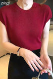 Ice Silk Shirt Knitwear Women's 2023 Summer Office T-Shirt Versatile Solid Top for Clothing Elegant Outwear