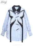 2023 Autumn New Lapel Collar Long Sleeve Blue Blouse Bow Decoration Shirt Women Elegant Ladies Button Up Tide Chic