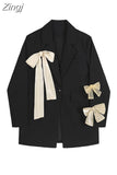 Women's Blazer Long Sleeve Black Suit Coats Bow Lace-Up Design 2023 Autumn New Casual Jacket Office Lady Loose Suit