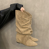 Heightening Apricot-Coled Velvet Pile Of Mid-Cvalry Knight Boots Women's Shoes 2025 Spring And Autumn Winter Pointed Retro Long-Singer Long