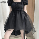 Mini Dresses Women Black Mesh Irregular Slim Square Collar Puff Sleeves Ruffles Korean Style Elegant Trendy Ulzzang