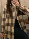 Thick Women Plaid Shirts Korean Winter Warm Fleece Button Up Tops Vintage Turn Down Collar Loose Casual Woolen Female