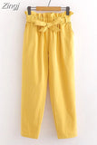 Spring Summer Bow Belt Solid Elastic High Waist Casual Harem Pants Korean Sweet Girls Ankle-Length Cotton Long