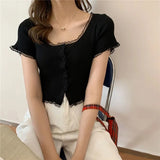 Women Patched Lace O-Neck Knitted Short Sleeve Thin Sweaters Cardigans Lady Single-breasted Buttons Sweater Crop Tops