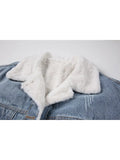 Women Lamb Wool Jean Jacket Korean Vintage Single Breasted Fleece Denim Coat 2023 Winter Fashion Casual Warm Thickened