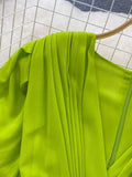 Women Pleated Long Dress Vintage V-Neck Short Sleeve High Waist A-Line Green/Blue/Brown Big Swing Maxi Vestidos