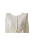 New Design Apricot Yellow T-Shirt Long Sleeve Crop Top Women 2023 Autumn O Neck Pleated Split T-shirt Ladies Casual