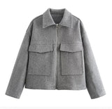 Women's Explosive Retro Fashion Simple Collar Big Pocket Zipper Wool