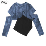 Dye T-shirts Women Blue Removable Sleeve Trendy Korean Style Chic Club Streetwear Popular Female Crop Top Ins Sexy Slim
